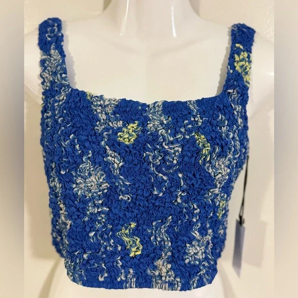 ASTR Blue Yellow Lemon Smocked Floral Crop Tank Large | New with Tags - Picture 2 of 11